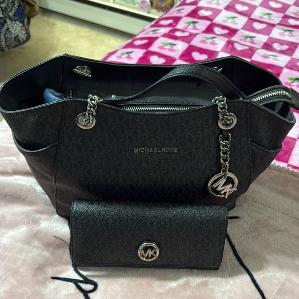 Michael Kors Black Shoulder Bag with Silver Hardware and matching wallet